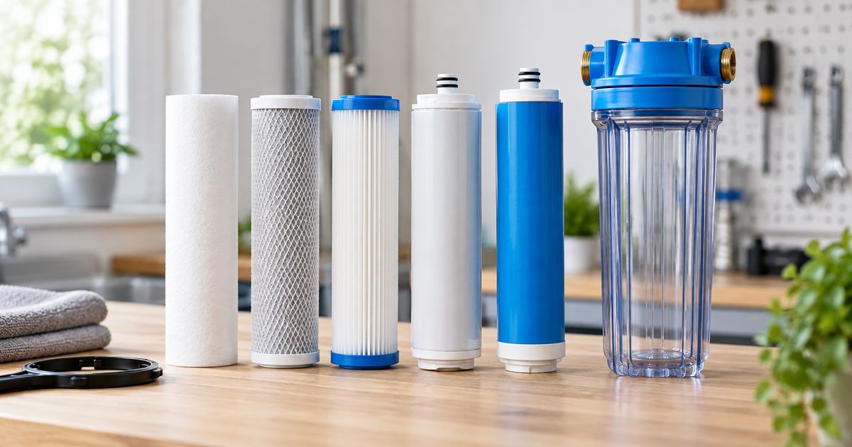 Row of white and grey 10 inch water filter cartridges of different media beside a clear standard filter housing on a workbench in a bright utility room
