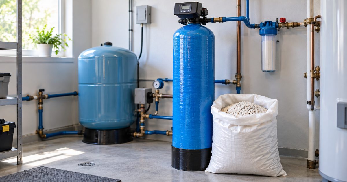 Tall blue mineral tank for an acid neutralizer standing beside a bag of white calcite media in a bright utility room.