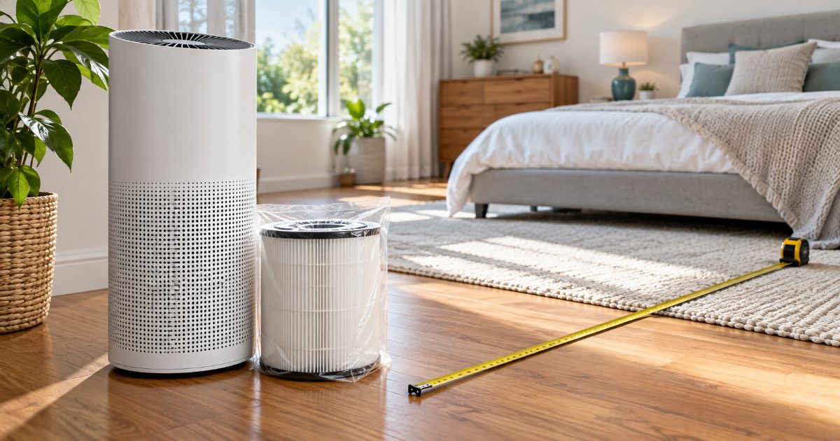 A white tower air purifier on a hardwood bedroom floor beside a tape measure stretched across the room and a replacement HEPA filter still in its wrapper