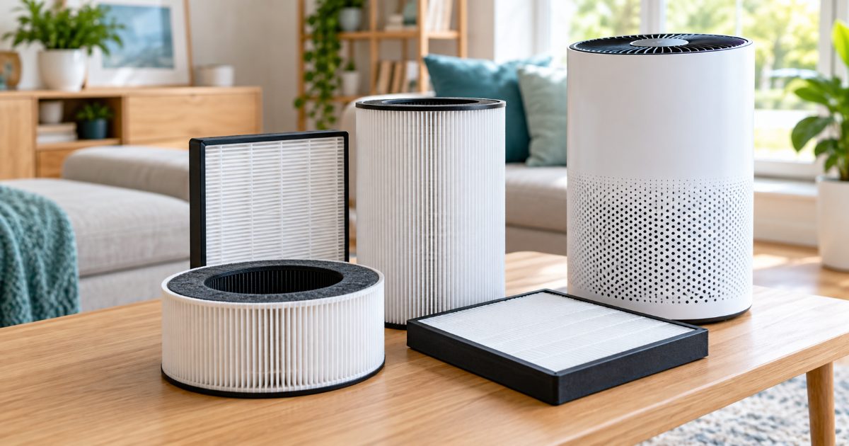 Pleated white HEPA air purifier replacement filters of different shapes laid out on a light wood table beside a cylindrical purifier