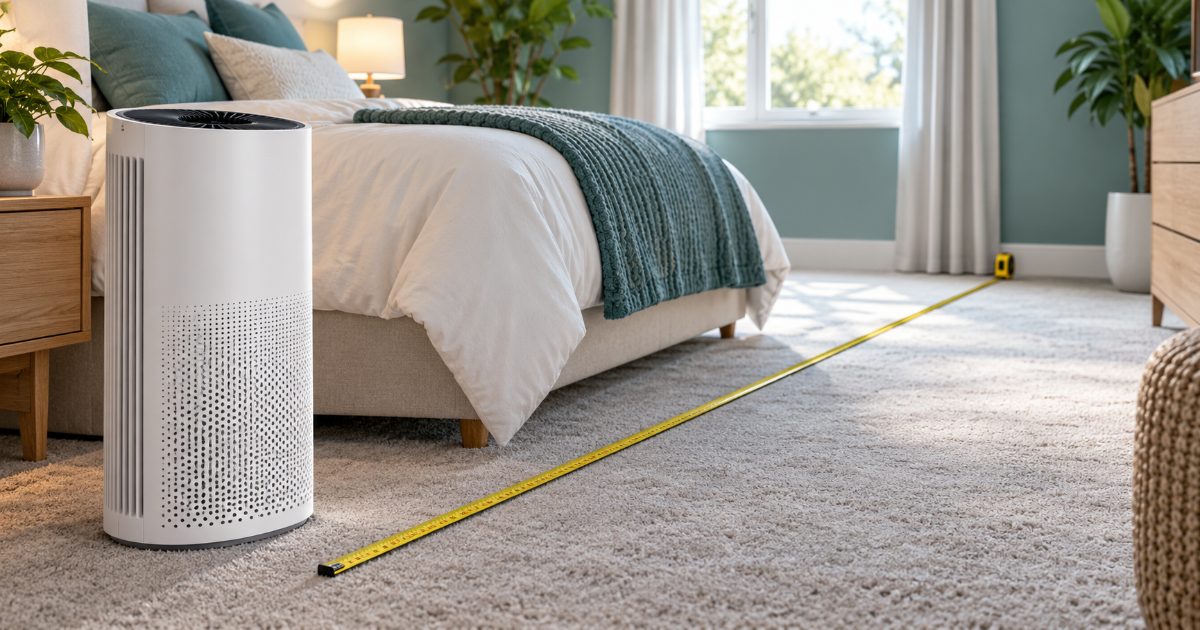 A white tower air purifier on the floor of a bedroom beside a bed, with a tape measure stretched across the carpet toward the far wall