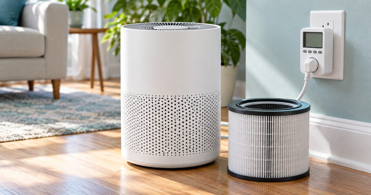 A compact white air purifier on a hardwood floor beside a plug-in electricity usage meter in a wall outlet, with a replacement filter cartridge lying next to it