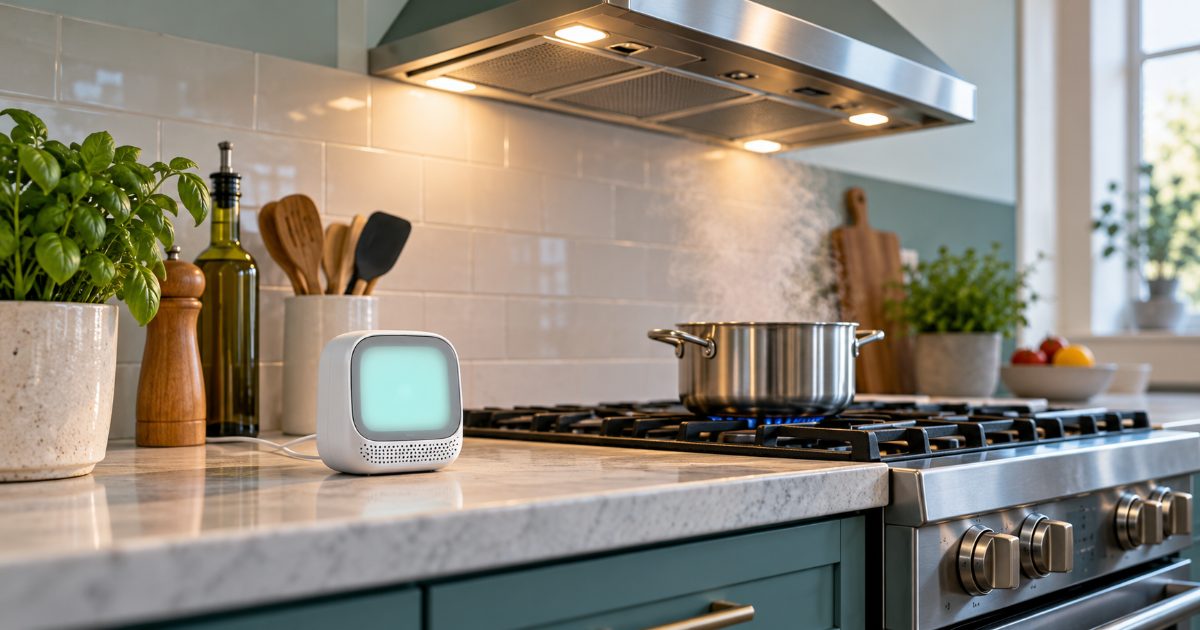 A small desktop air quality monitor with a glowing screen on a kitchen counter beside a gas range, a pot on the burner and a stainless exhaust hood above it