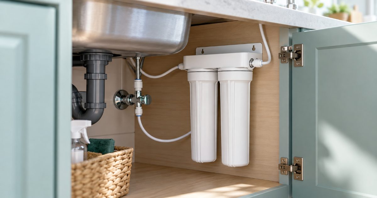 An under-sink two-stage drinking water filter with two white cartridges on a wall bracket, connected by white tubing to the cold water line inside an open kitchen cabinet