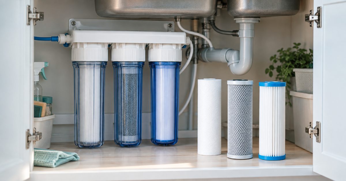 Three-cartridge under-sink water filter with its replacement cartridges laid out on the counter of a bright kitchen