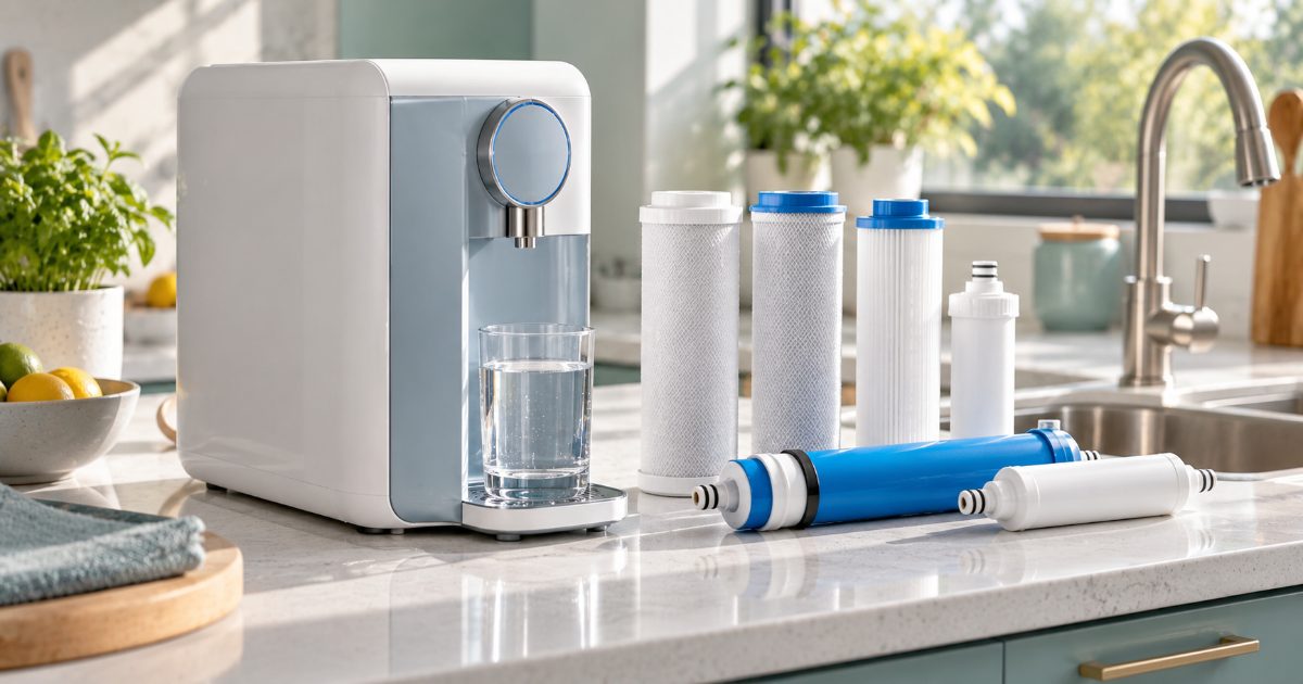 Countertop reverse osmosis purifier with its replacement filter cartridges laid out on a bright kitchen counter