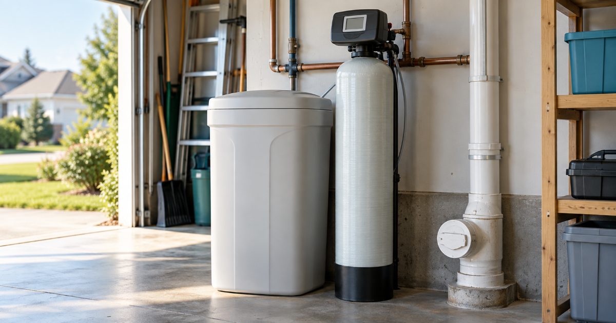 A salt-based water softener and brine tank standing beside a sewer cleanout in a suburban garage, daylight through an open door.