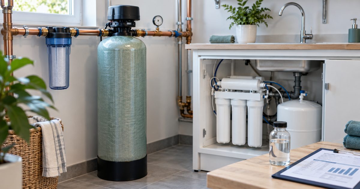 A whole-house adsorptive media tank and an under-sink reverse osmosis system beside a water sample bottle and lab report on the bench of a bright utility room