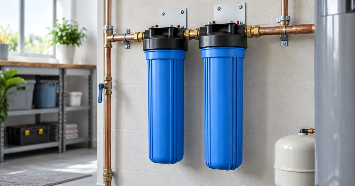 Two tall blue whole-house water filter housings mounted on a white utility room wall with copper pipe, a plastic housing wrench and a steel mounting bracket laid on the bench below.