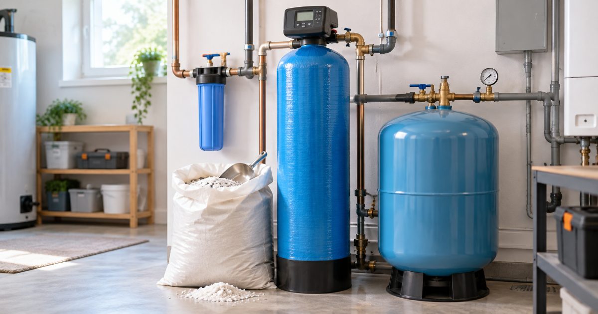 Tall blue acid-neutralizer media tank with a control valve on top beside an open bag of white calcite granules, plumbed next to a well pressure tank in a bright utility room
