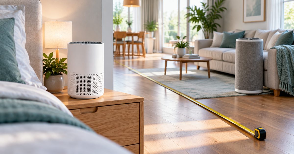 A compact white cylindrical air purifier on a bedroom nightstand and a taller grey fabric-wrapped air purifier beside a living room sofa, with a tape measure laid across the floor between them