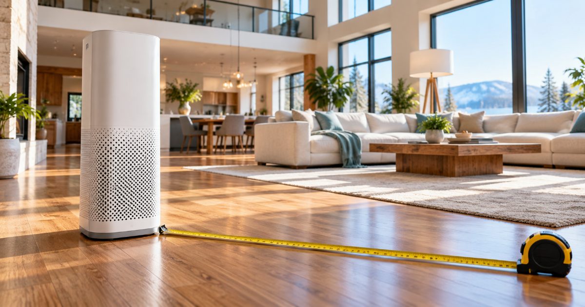 A tall white tower air purifier in a large open-plan living room with high windows, a tape measure stretched across the hardwood floor beside it