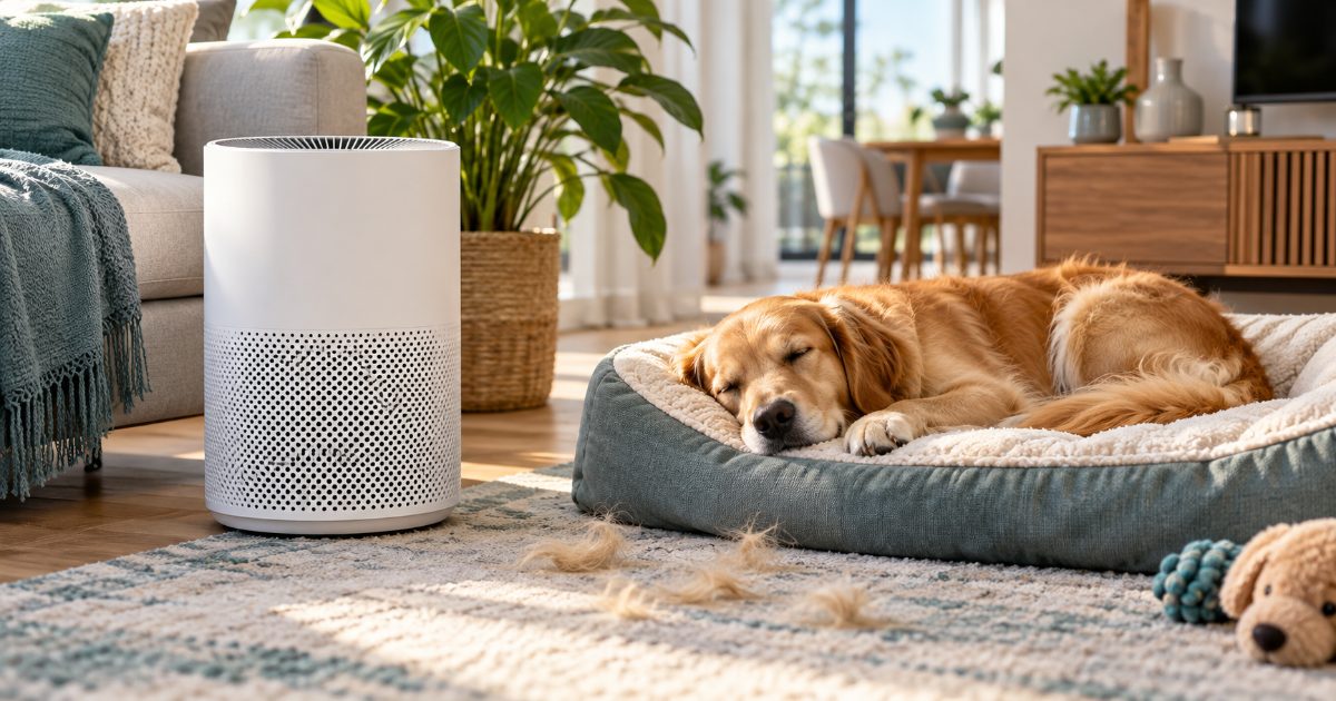 A white cylindrical air purifier on a living room rug beside a dog bed where a golden retriever sleeps, with tufts of pet hair on the rug