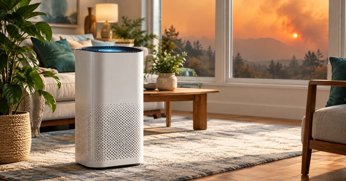 A tall white air purifier in a living room with the windows closed, while the sky outside is orange and hazy with distant wildfire smoke