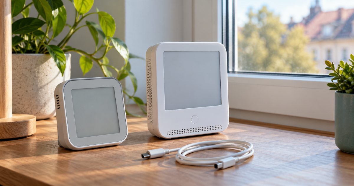 A small square carbon dioxide monitor and a larger white air quality monitor with a blank screen standing on a wooden windowsill desk, with a coiled USB cable in front of them