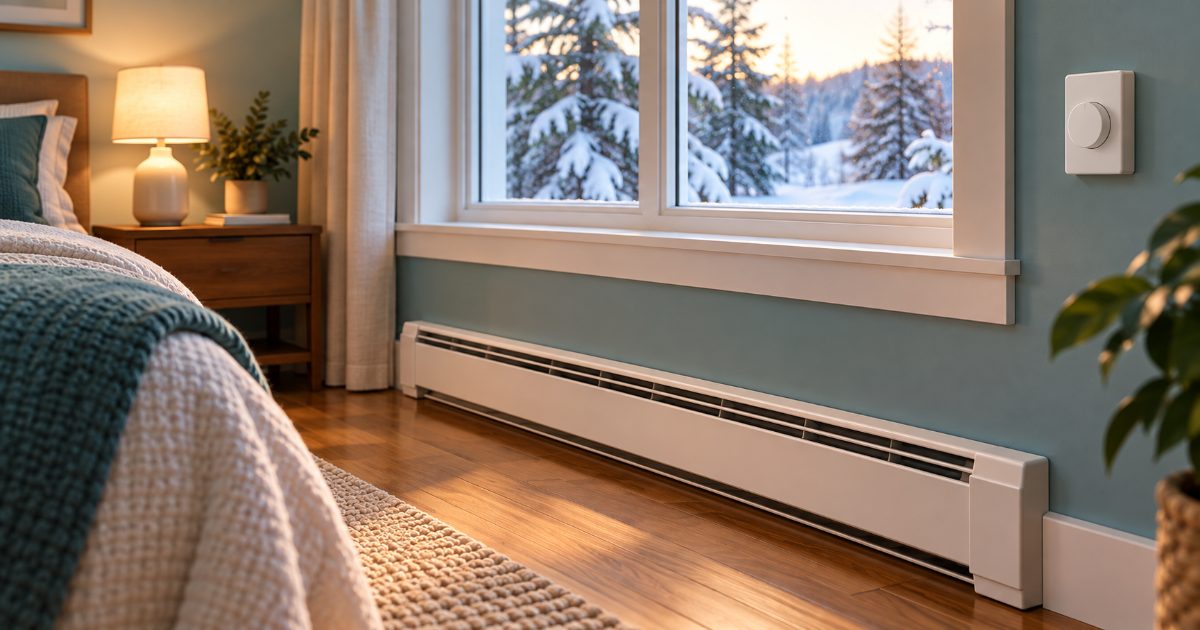 A long white electric baseboard heater along a bedroom wall under a window, with a wall thermostat nearby and snow outside