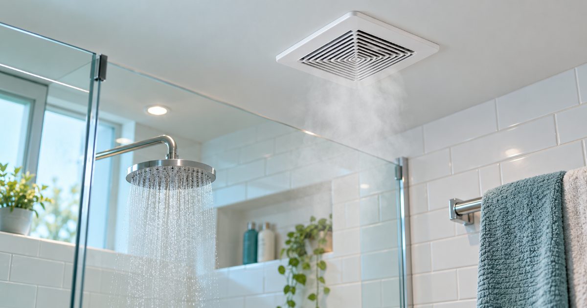 A white square bathroom exhaust fan grille in the ceiling above a glass shower, with shower steam rising toward it