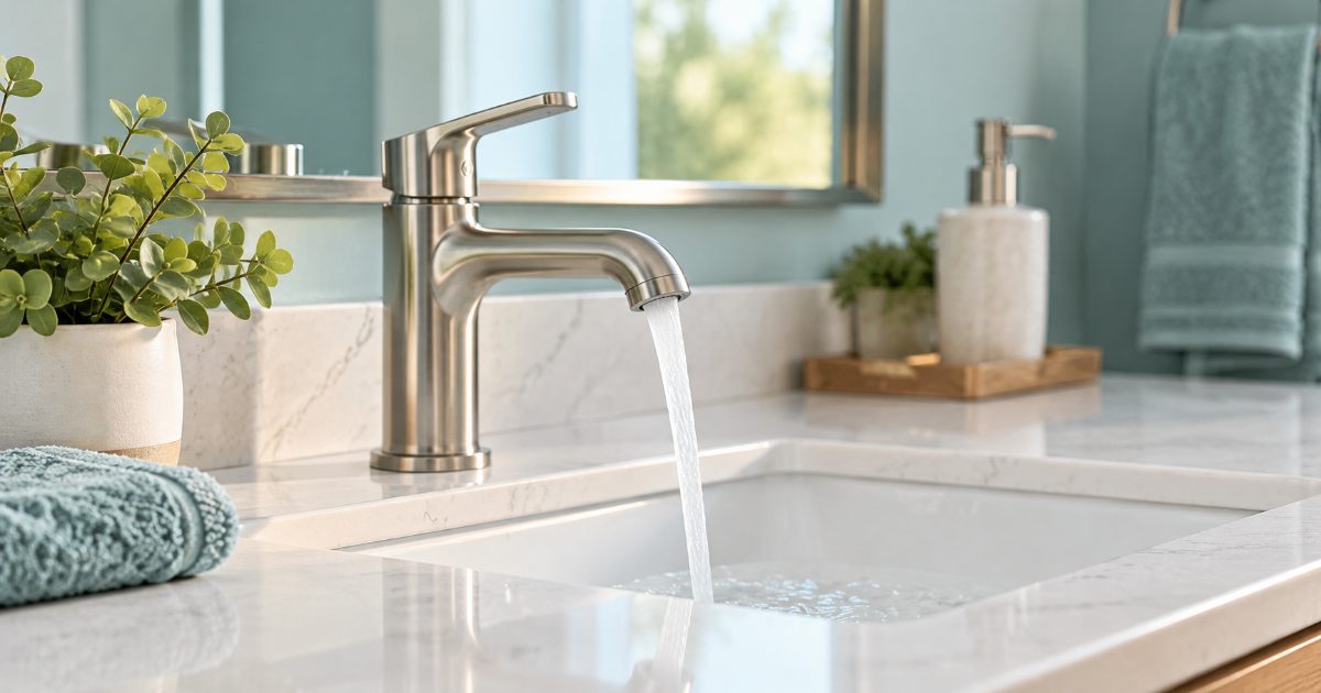 A brushed nickel single-handle bathroom faucet running water into an undermount sink on a white quartz vanity