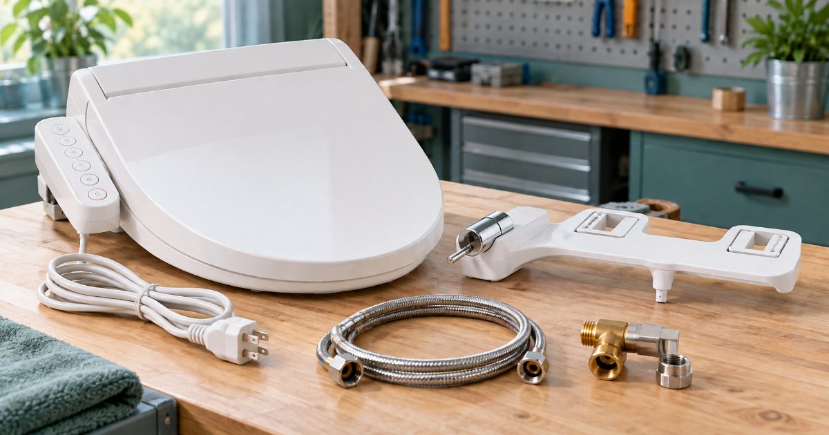 A white electric bidet seat and a slim chrome non-electric bidet attachment side by side on a workbench, with a braided supply hose, a T-valve and a grounded power cord laid out in front of them