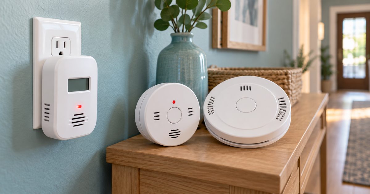 A white plug-in carbon monoxide alarm with a digital display sitting in a hallway wall outlet, with a round battery-powered CO alarm and a combination smoke and CO alarm laid on a wooden shelf beside it