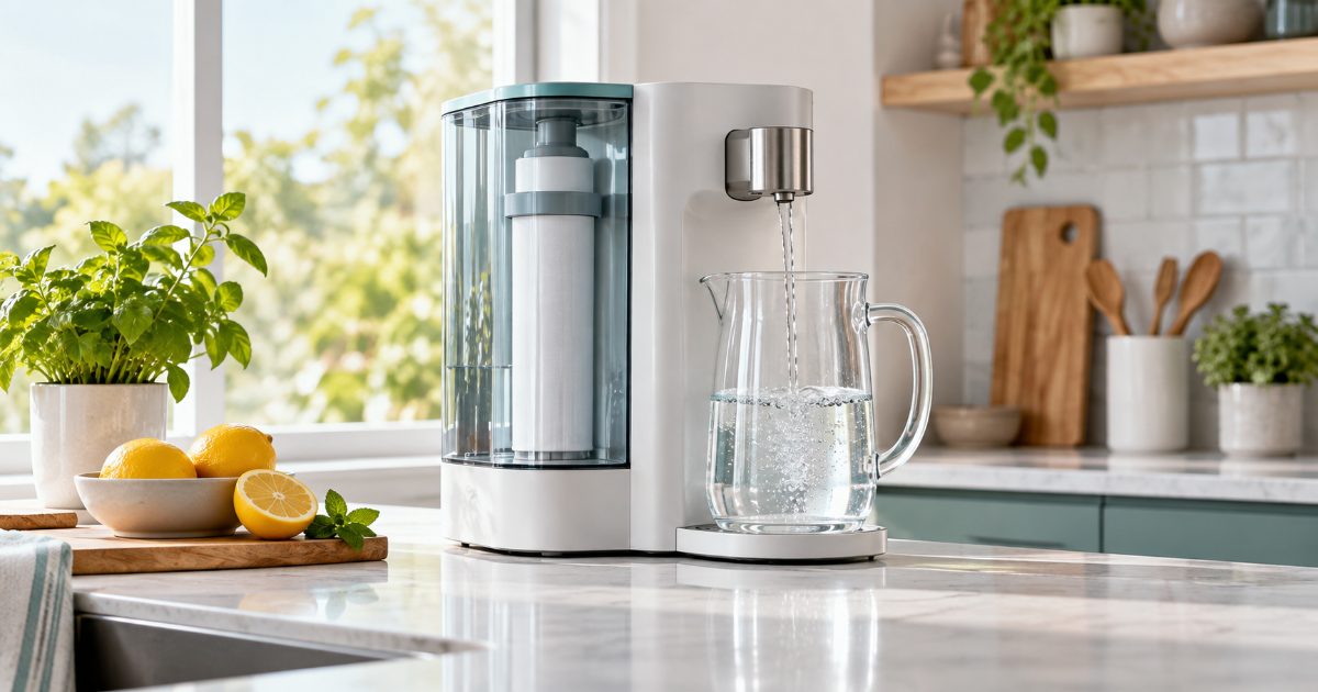 Countertop reverse osmosis water purifier with a glass pitcher on the worktop of a bright kitchen, with no brand names visible.