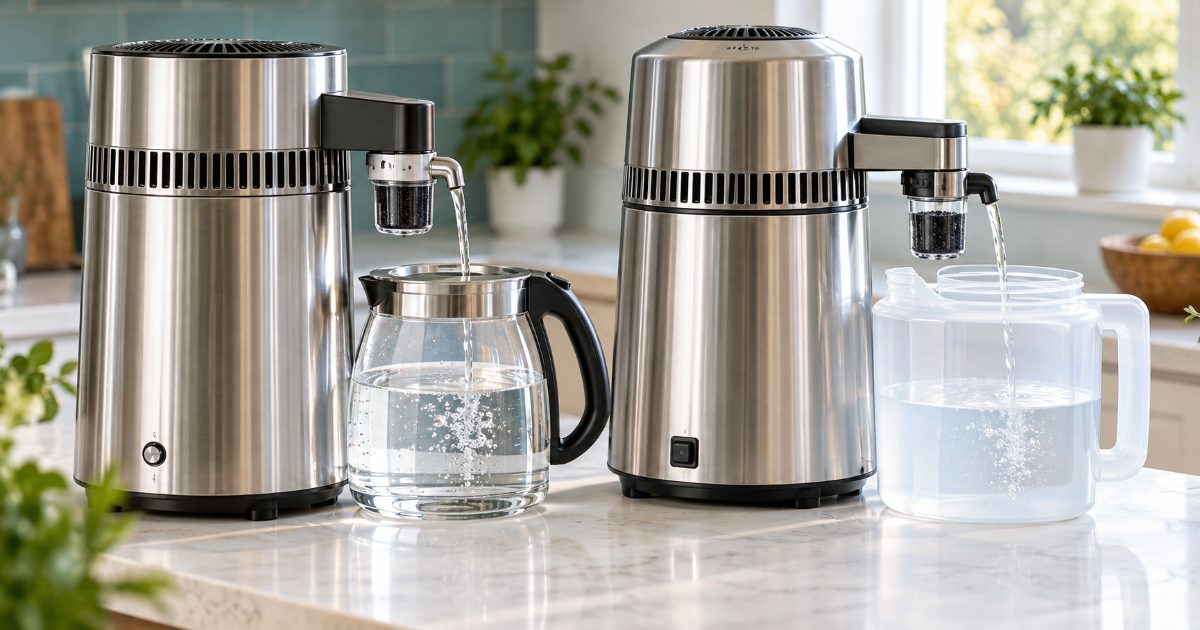 Two stainless steel countertop water distillers side by side on a kitchen worktop, one filling a glass carafe and one a plastic jug