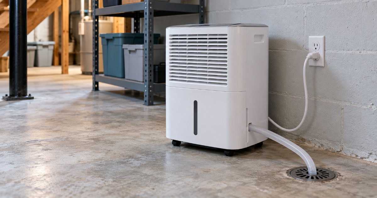 A white portable dehumidifier on a bare concrete basement floor beside a painted block wall, its drain hose running to a floor drain and its cord plugged into a three-prong outlet