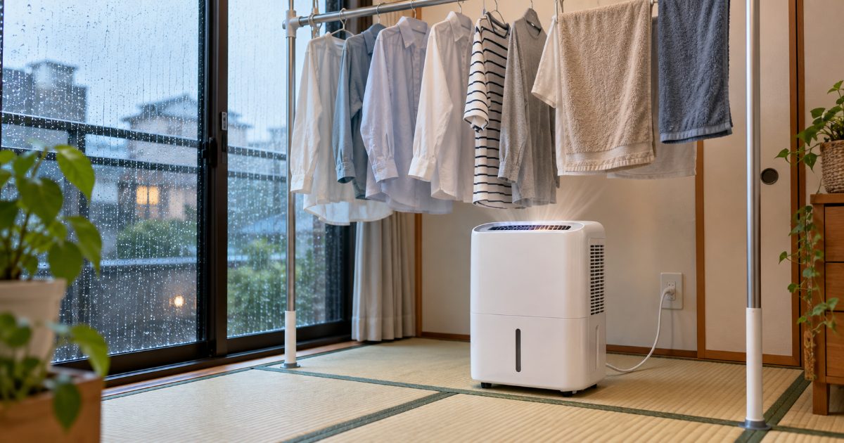 A white clothes-drying dehumidifier on a tatami floor beneath an indoor laundry pole hung with shirts and towels, rain running down the window behind