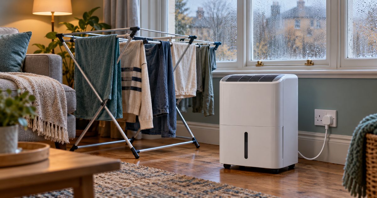 A white compressor dehumidifier on a wooden floor beside a folding clothes airer hung with laundry, in front of a sash window misted with condensation