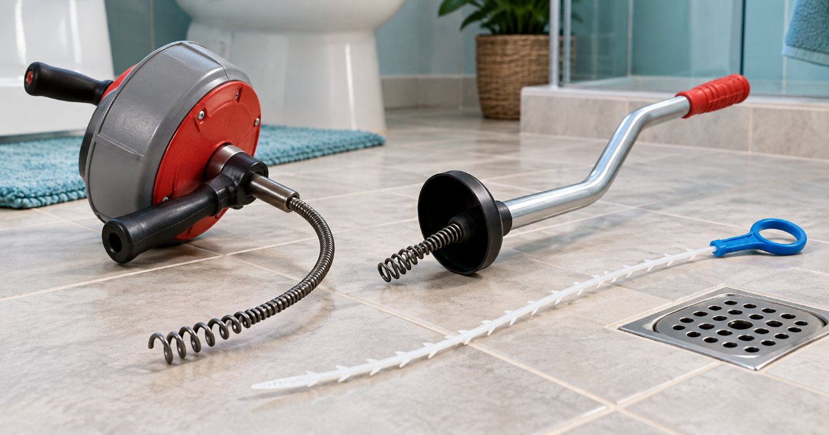 A hand drum auger with a coiled steel cable, a short toilet auger with a curved tube and plastic bowl guard, and a thin plastic barbed hair-clog wand laid side by side on a tiled bathroom floor beside a floor drain