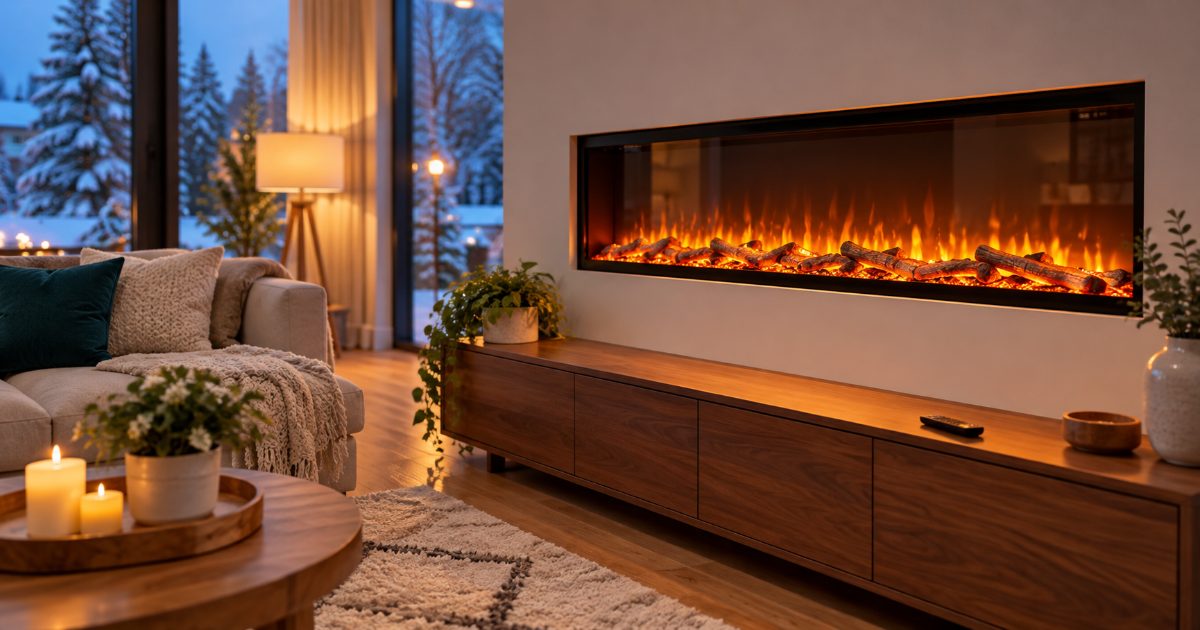 A wall-recessed linear electric fireplace with an orange flame effect above a walnut media cabinet holding a remote, in a living room on a snowy evening