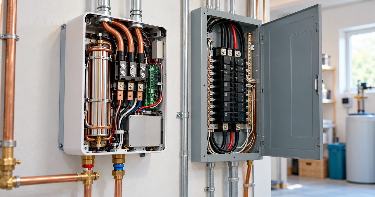 A wall-mounted electric tankless water heater with its cover removed, three heavy copper cable runs entering the terminal block from conduit, beside an open residential breaker panel in a utility room