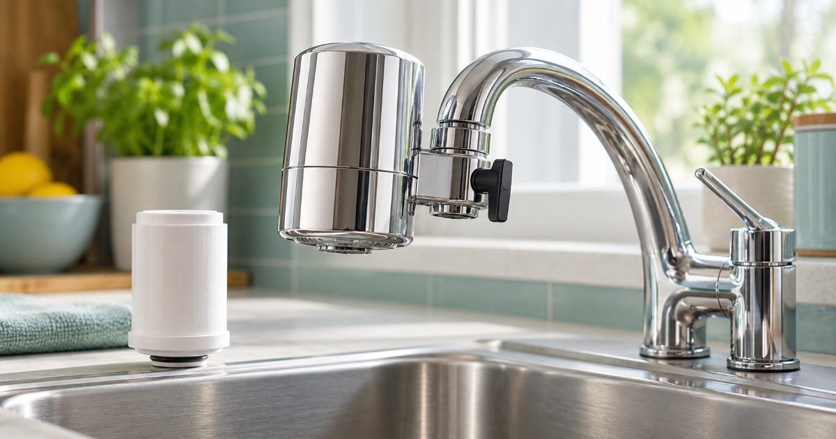 A chrome faucet-mount water filter clipped to a kitchen tap over a stainless sink in a bright kitchen, with a spare cartridge and a glass of water on the counter, no brands visible.