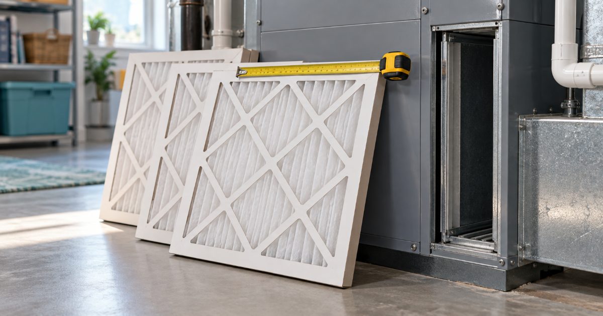 Three white pleated 1-inch furnace filters of different depths of pleat leaning against a grey furnace cabinet beside an open filter slot, with a tape measure across the frame of the nearest one