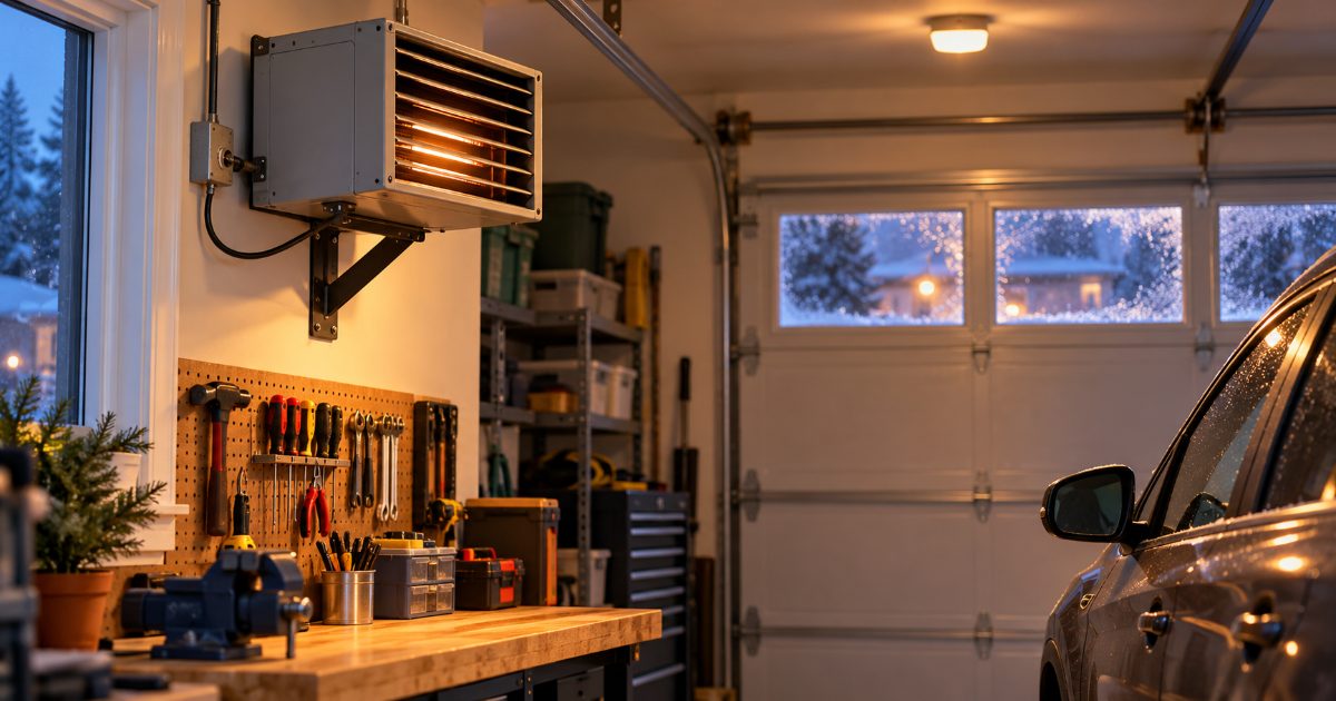 A grey electric unit heater mounted high on a wall bracket in a two-car garage on a winter evening, above a workbench with tools, with a parked car beside it