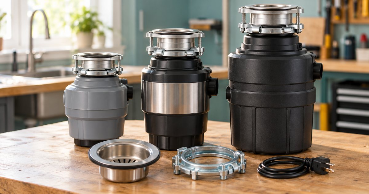 Three garbage disposals of increasing size standing in a row on a workbench, a compact grey unit, a mid-size unit and a tall insulated unit, with a sink flange, mounting ring and a short power cord laid in front of them