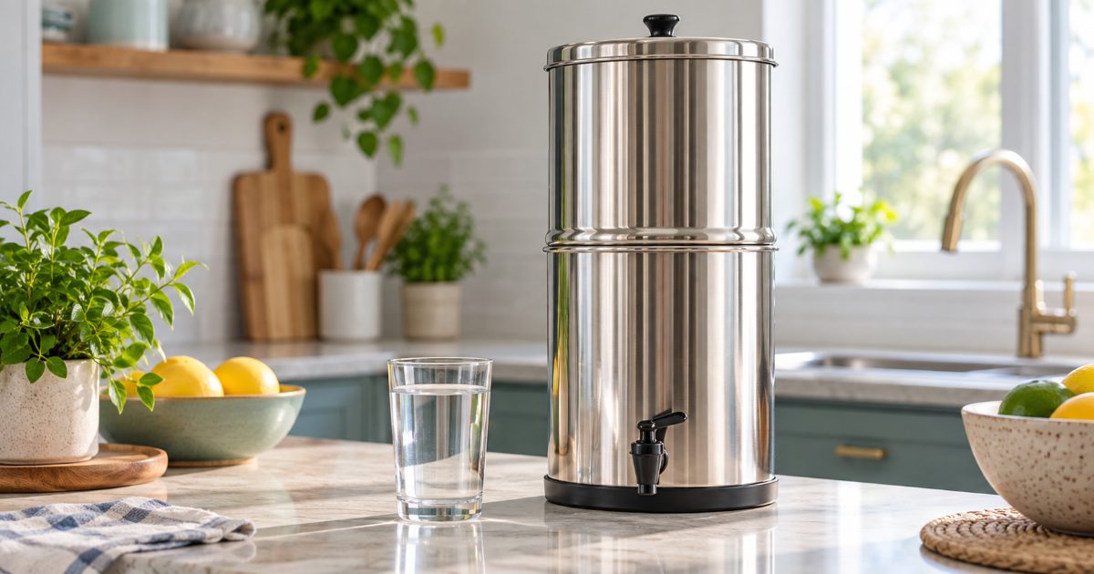 A stainless steel gravity water filter with two stacked chambers and a spigot on a bright kitchen counter next to a glass of water, no brand markings visible.