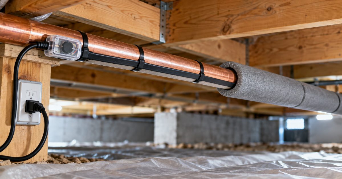 A flat black heat cable taped straight along the underside of a copper water pipe in an unheated crawl space, its clear thermostat pod and lighted plug visible before the run disappears under grey fiberglass pipe insulation