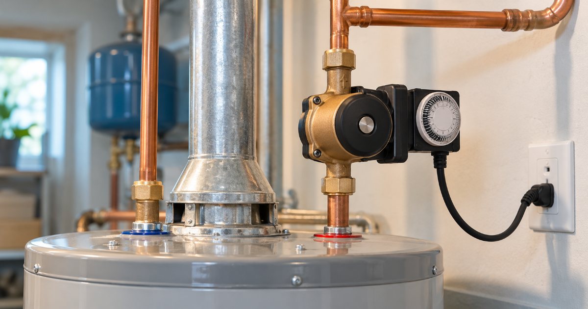 A small recirculation pump with a round mechanical timer dial mounted on the copper hot water outlet above a residential tank water heater, with its cord plugged into a wall outlet beside the tank