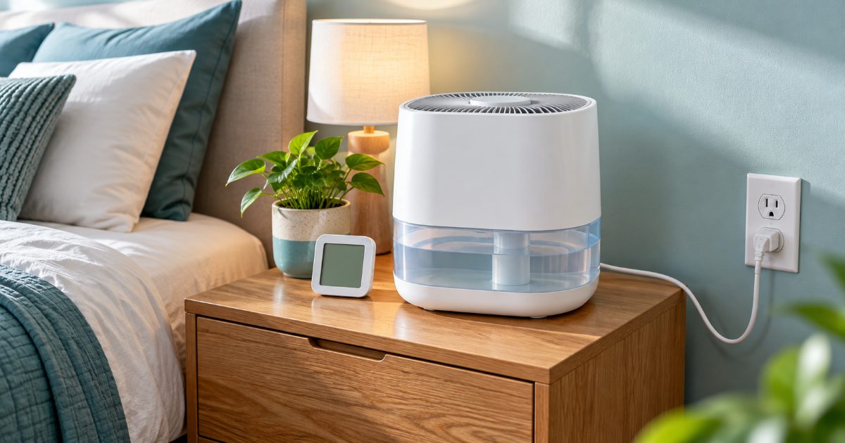 A white evaporative humidifier on a wooden bedroom nightstand with a small digital hygrometer beside it and a grounded three-prong cord running to a wall outlet
