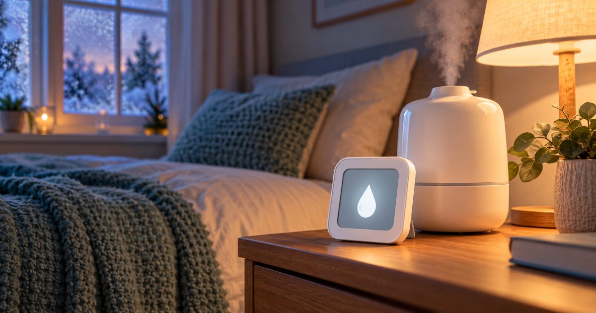 A small digital hygrometer with a water droplet on its screen on a bedroom nightstand beside a humidifier and a lamp, with snow outside the window