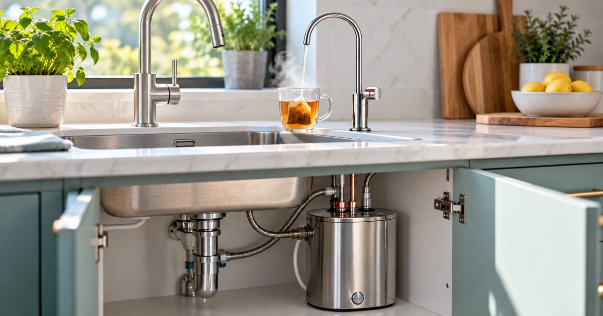 A chrome instant hot water tap filling a glass mug of tea beside a kitchen faucet, with a stainless hot water tank visible in the open cabinet below the sink