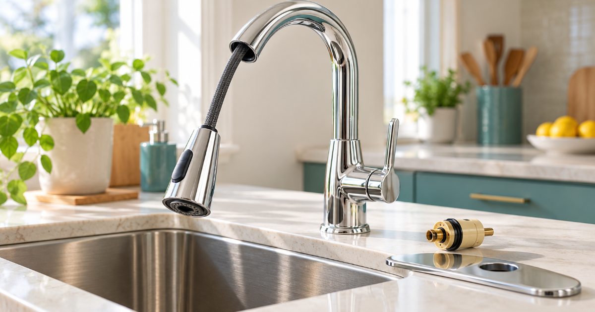 A chrome pull-down kitchen faucet mounted on a stainless sink with the spray wand pulled out on its braided hose, a replacement cartridge and a deck plate beside it on the counter