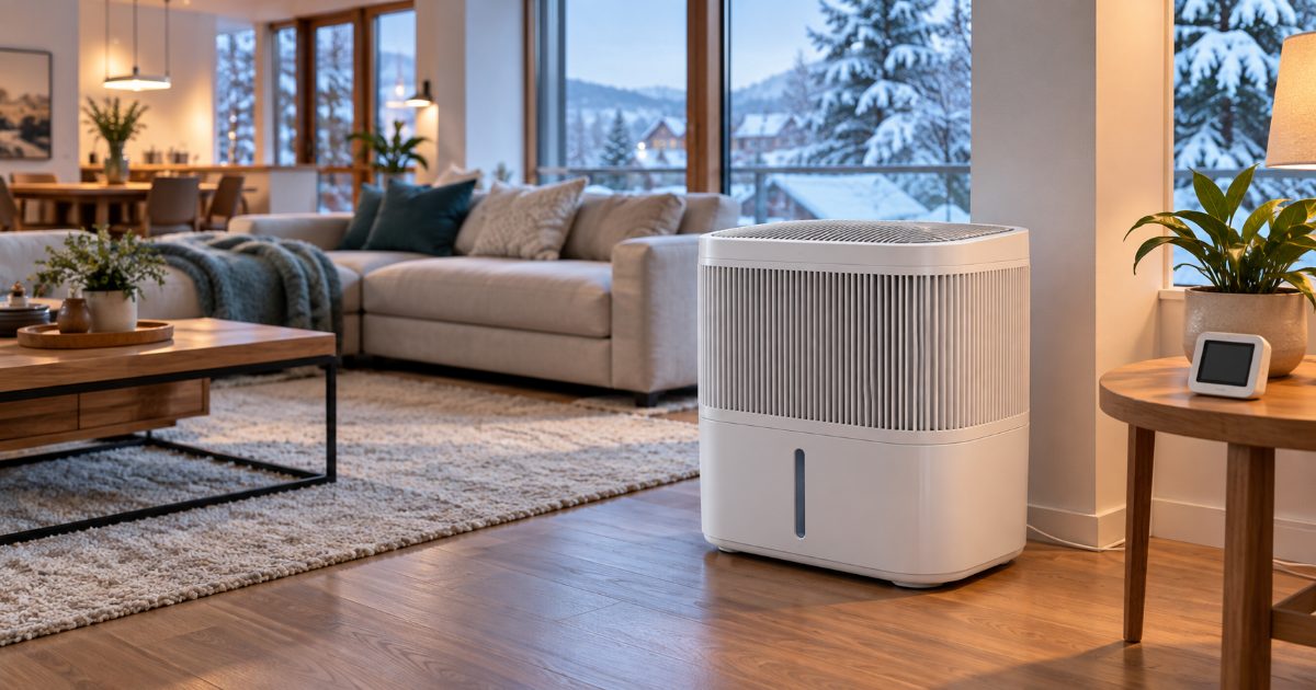 A white console evaporative humidifier on a hardwood floor in an open-plan living room in winter, a small digital hygrometer on the side table and snow outside