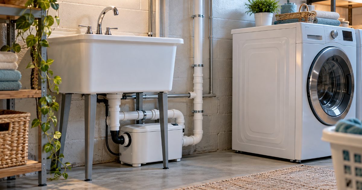 A white utility laundry sink with a compact drain pump tank on the floor beneath it and a PVC discharge pipe running up the wall beside a front-loading washer