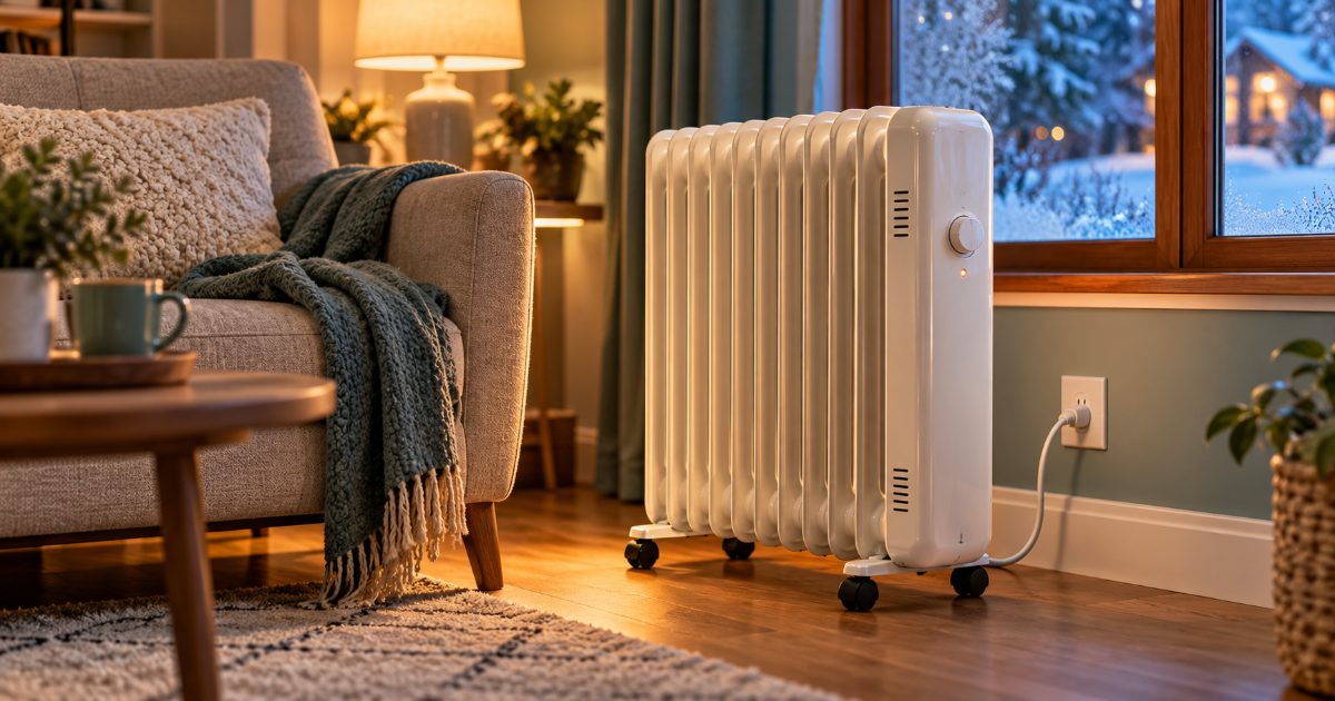 A white oil-filled radiator heater with many fins on castor wheels, plugged into a wall outlet beside an armchair in a living room, with snow outside the window