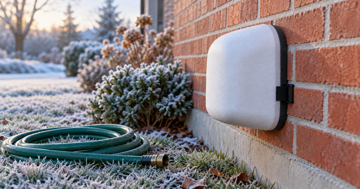 A white insulated faucet cover strapped against a brick house wall on a frosty morning, with a disconnected garden hose coiled on the grass below