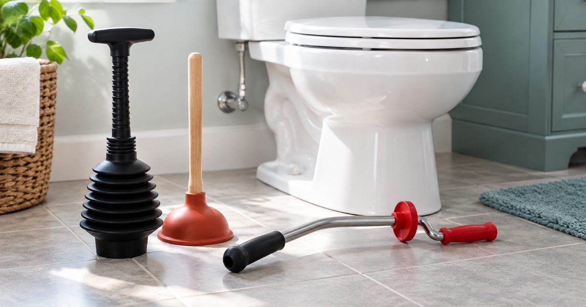 A black accordion-style toilet plunger, a red cup sink plunger with a wooden handle and a closet auger with a crank lying on a tiled floor beside a white toilet