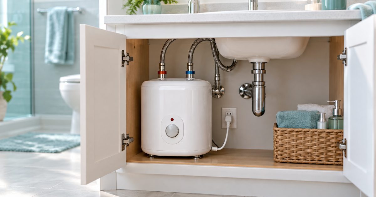 A small white mini-tank electric water heater inside an open bathroom vanity cabinet, connected with braided supply hoses and plugged into a wall outlet