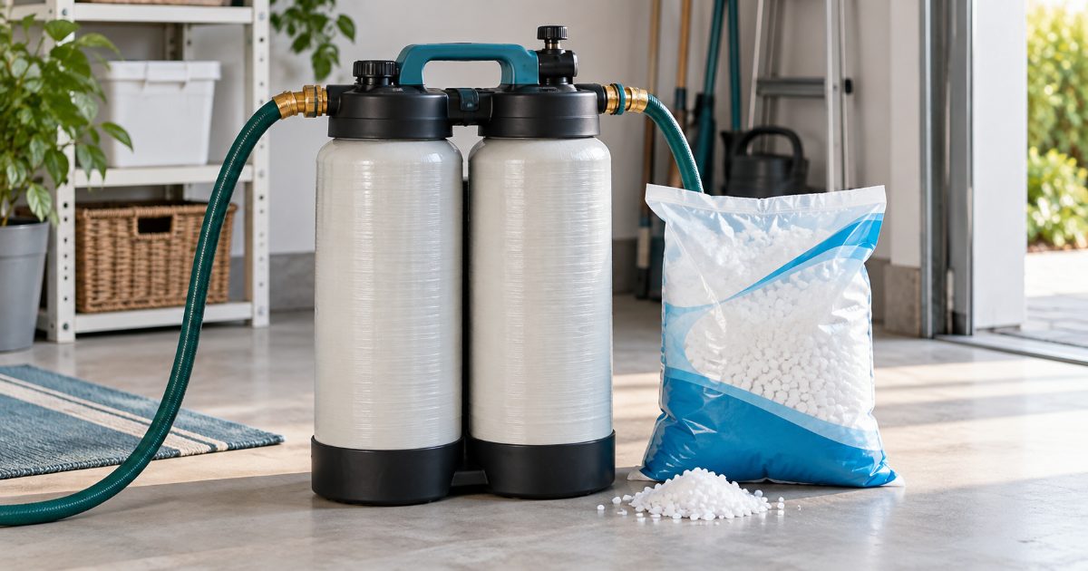 A portable twin-tank water softener with garden hose fittings standing on a bright utility room floor beside a box of table salt and a hardness test strip.